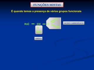 FUNÇÕES MISTAS
É quando temos a presença de vários grupos funcionais
O
H3C

CH

ÁCIDO CARBOXÍLICO

C
OH

NH2
AMINA

 
