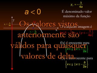 |
2
b
x x
a
 
∈ ≤ − 
 
¡
f(x) é crescente para
0a <
( )Im |
4
f y y
a
∆ 
= ∈ ≤ − 
 
¡
x
y
V
O conjunto imagem é
∆
= −
4
vy
a
É denominado valor
máximo da função
|
2
b
x x
a
 
∈ ≥ − 
 
¡
f(x) é decrescente para
∆
= −
4
vy
a
2
v
b
x
a
= −
Os valores vistosOs valores vistos
anteriormente sãoanteriormente são
válidos para quaisquerválidos para quaisquer
valores de delta.valores de delta.
 