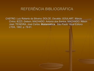 REFERÊNCIA BIBLIOGRÁFICAREFERÊNCIA BIBLIOGRÁFICA
CASTRO, Luiz Roberto da Silveira; DOLCE, Osvaldo; GOULART, MárcioCASTRO, Luiz Roberto da Silveira; DOLCE, Osvaldo; GOULART, Márcio
Cintra; IEZZI, Gelson; MACHADO, Antonio dos Santos; MACHADO, NilsonCintra; IEZZI, Gelson; MACHADO, Antonio dos Santos; MACHADO, Nilson
José; TEIXEIRA, José Carlos.José; TEIXEIRA, José Carlos. Matemática.Matemática. São Paulo: Atual EditoraSão Paulo: Atual Editora
LTDA, 1992. p. 78-91.LTDA, 1992. p. 78-91.
 