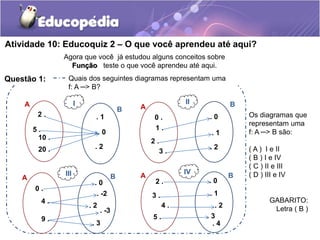 Atividade 10: Educoquiz 2 – O que você aprendeu até aqui? 
Agora que você já estudou alguns conceitos sobre 
Função teste o que você aprendeu até aqui. 
Quais dos seguintes diagramas representam uma 
f: A ─> B? 
Questão 1: 
2 . . 1 
5 . 
10 . 
20 . 
. 0 
. 2 
A 
B 
I 
A II B 
0 . . 0 
1 . 
3 . 
2 . 
. 1 
. 2 
A B III 
0 . 
4 . 
9 . 
. 0 
. -2 
. 2 
. -3 
. 3 
A B 
2 . . 0 
5 . 
4 . 
3 . 
. 1 
. 2 
. 3 
. 4 
IV 
Os diagramas que 
representam uma 
f: A ─> B são: 
( A ) I e II 
( B ) I e IV 
( C ) II e III 
( D ) III e IV 
GABARITO: 
Letra ( B ) 
 