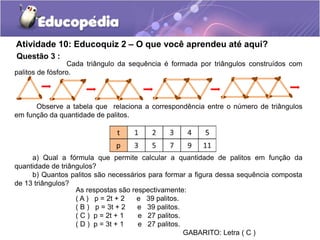 Atividade 10: Educoquiz 2 – O que você aprendeu até aqui? 
Questão 3 : 
Cada triângulo da sequência é formada por triângulos construídos com 
palitos de fósforo. 
Observe a tabela que relaciona a correspondência entre o número de triângulos 
em função da quantidade de palitos. 
a) Qual a fórmula que permite calcular a quantidade de palitos em função da 
quantidade de triângulos? 
b) Quantos palitos são necessários para formar a figura dessa sequência composta 
de 13 triângulos? 
As respostas são respectivamente: 
( A ) p = 2t + 2 e 39 palitos. 
( B ) p = 3t + 2 e 39 palitos. 
( C ) p = 2t + 1 e 27 palitos. 
( D ) p = 3t + 1 e 27 palitos. 
GABARITO: Letra ( C ) 
 