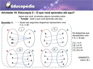 Atividade 10: Educoquiz 2 – O que você aprendeu até aqui? 
Agora que você já estudou alguns conceitos sobre 
Função teste o que você aprendeu até aqui. 
Quais dos seguintes diagramas representam uma 
f: A ─> B? 
Questão 1: 
2 . . 1 
5 . 
10 . 
20 . 
. 0 
. 2 
A 
B 
I 
A II B 
0 . . 0 
1 . 
3 . 
2 . 
. 1 
. 2 
A B III 
0 . 
4 . 
9 . 
. 0 
. -2 
. 2 
. -3 
. 3 
A B 
2 . . 0 
5 . 
4 . 
3 . 
. 1 
. 2 
. 3 
. 4 
IV 
Os diagramas que 
representam uma 
f: A ─> B são: 
( A ) I e II 
( B ) I e IV 
( C ) II e III 
( D ) III e IV 
GABARITO: 
Letra ( B ) 
 