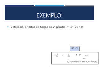EXEMPLO:
 Determinar o vértice da função do 2° grau f(x) = -x² - 6x + 9
DICA:
 