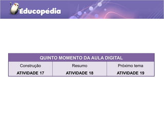 QUINTO MOMENTO DA AULA DIGITAL 
Construção 
ATIVIDADE 17 
Resumo 
ATIVIDADE 18 
Próximo tema 
ATIVIDADE 19 
 