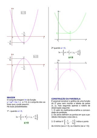 2ª quando a < 0,



                                                                 a<0




IMAGEM
                                              CONSTRUÇÃO DA PARÁBOLA
O conjunto-imagem Im da função
                                              É possível construir o gráfico de uma função
y = ax2 + bx + c, a 0, é o conjunto dos va-
                                              do 2º grau sem montar a tabela de pares
lores que y pode assumir.
                                              (x, y), mas seguindo apenas o roteiro de
Há duas possibilidades:
                                              observação seguinte:
                                              1. O valor do coeficiente a define a concavi-
1ª - quando a > 0,
                                              dade da parábola;
                                              2. Os zeros definem os pontos em que a pa-
                                              rábola intercepta o eixo dos x;

                                              3. O vértice V              indica o ponto
                     a>0
                                              de mínimo (se a > 0), ou máximo (se a < 0);
 