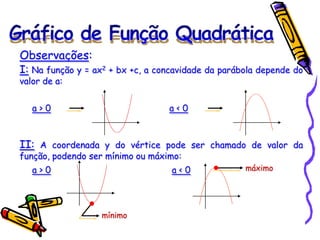 Observações:
I: Na função y = ax2 + bx +c, a concavidade da parábola depende do
valor de a:
a > 0 a < 0
II: A coordenada y do vértice pode ser chamado de valor da
função, podendo ser mínimo ou máximo:
a > 0 a < 0
mínimo
máximo
 