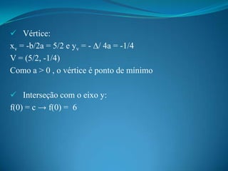  Vértice:

xv = -b/2a = 5/2 e yv = - ∆/ 4a = -1/4
V = (5/2, -1/4)
Como a > 0 , o vértice é ponto de mínimo
 Interseção com o eixo y:

f(0) = c → f(0) = 6

 