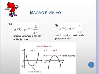 MÁXIMO E MÍNIMO
Se
será o valor mínimo da
parábola. 4a-
Se
será o valor máximo da
parábola. 4a
 