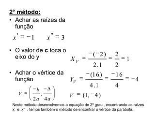 2° método:Achar as raízes da funçãoO valor de c toca o eixo do yAchar o vértice da funçãoNeste método desenvolvemos a equação de 2º grau , encontrando as raízes  x’  e  x’’  , temos também o método de encontrar o vértice da parábola.