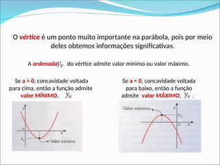 O vértice é um ponto muito importante na parábola, pois por meio
deles obtemos informações significativas.
A ordenada do vértice admite valor mínimo ou valor máximo.
Se a > 0, concavidade voltada
para cima, então a função admite
valor MÍNIMO, .
Se a < 0, concavidade voltada
para baixo, então a função
admite valor MÁXIMO, .
 