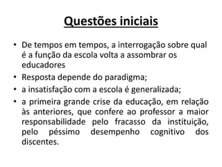 Questões iniciais
• De tempos em tempos, a interrogação sobre qual
é a função da escola volta a assombrar os
educadores
• Resposta depende do paradigma;
• a insatisfação com a escola é generalizada;
• a primeira grande crise da educação, em relação
às anteriores, que confere ao professor a maior
responsabilidade pelo fracasso da instituição,
pelo péssimo desempenho cognitivo dos
discentes.
 