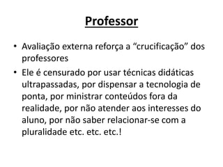 Professor
• Avaliação externa reforça a “crucificação” dos
professores
• Ele é censurado por usar técnicas didáticas
ultrapassadas, por dispensar a tecnologia de
ponta, por ministrar conteúdos fora da
realidade, por não atender aos interesses do
aluno, por não saber relacionar-se com a
pluralidade etc. etc. etc.!
 