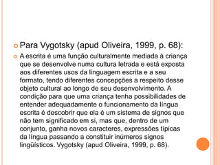  Para    Vygotsky (apud Oliveira, 1999, p. 68):
   A escrita é uma função culturalmente mediada à criança
    que se desenvolve numa cultura letrada e está exposta
    aos diferentes usos da linguagem escrita e a seu
    formato, tendo diferentes concepções a respeito desse
    objeto cultural ao longo de seu desenvolvimento. A
    condição para que uma criança tenha possibilidades de
    entender adequadamente o funcionamento da língua
    escrita é descobrir que ela é um sistema de signos que
    não tem significado em si, mas que, dentro de um
    conjunto, ganha novos caracteres, expressões típicas
    da língua passando a constituir inúmeros signos
    lingüísticos. Vygotsky (apud Oliveira, 1999, p. 68).
 