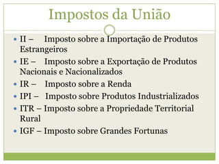 Impostos da União
 II – Imposto sobre a Importação de Produtos
Estrangeiros
 IE – Imposto sobre a Exportação de Produtos
Nacionais e Nacionalizados
 IR – Imposto sobre a Renda
 IPI – Imposto sobre Produtos Industrializados
 ITR – Imposto sobre a Propriedade Territorial
Rural
 IGF – Imposto sobre Grandes Fortunas
 