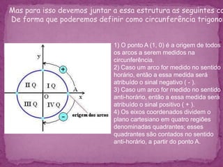 Arcos Côngruos Dois arcos trigonométricos são côngruos quando têm a mesma origem e mesma extremidade. Exemplo:Levando-se em conta a circunferência trigonométrica a seguir:  Partindo do ponto A e girando duas voltas completas no sentido anti-horário, associamos as seguintes medidas aos pontos A, B, A’, B’:   