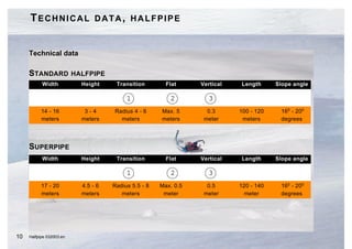TECHNICAL DATA, HALFPIPE


     Technical data

     STANDARD HALFPIPE
           Width          Height     Transition        Flat     Vertical   Length      Slope angle

                                         1              2          3
           14 - 16         3-4      Radius 4 - 6     Max. 5       0.3      100 - 120    160 - 200
           meters         meters      meters         meters      meter      meters      degrees




     SUPERPIPE
           Width          Height     Transition        Flat     Vertical   Length      Slope angle

                                         1              2          3
           17 - 20        4.5 - 6   Radius 5.5 - 8   Max. 0.5     0.5      120 - 140    160 - 200
           meters         meters       meters         meter      meter       meter      degrees




10   Halfpipe 032003.en
 