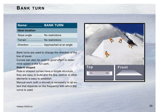BANK TURN


 Name: .................. BANK TURN
 Ideal location
 Slope angle: ............ No restrictions
 Terrain: .................... No restrictions
 Direction: ................ Approached at an angle

Bank turns are used to change the direction of the
line of travel.
Curves can also be used to good effect to deter-
mine speed in the fun park.
Ride-in shaped
Ride-in shaped curves have a simple structure,
they are easy to build and the line relative to other
elements is easy to establish.
Manual work (with a shovel) is necessary to an ex-
tent that depends on the frequency with which the
curve is used.




Halfpipe 032003.en                                      29
 