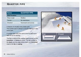 QUARTER PIPE


      Name: .................. QUARTER PIPE
      Ideal location
      Slope angle: ........... Shallow
      Terrain: .................... No restrictions
      Direction: ................ Downward and across

     A feature of virtually every skate park.
     The quarter pipe is always a popular element in the
     snow park.

     A quarter pipe uses the same area for approach/
     take-off as for landing.

     The flat or radius of the quarter pipe is known as the
     transition, or tranny for short. The flat surface is
     the deck and the edge where deck and transition
     meet is the lip or coping.




36   Halfpipe 032003.en
 