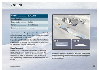 ROLLER


 Name: .................. ROLLER
 Ideal location
 Slope angle: ............ Shallow
 Terrain: .................... No restrictions
 Direction: ................ Downward

A succession of rolls gives users the sensation of
weightlessness, even though they remain in contact
with the surface of the snow.
Depending on the pitch of the rolls and their shape,
it is possible to pick up more speed on a roller than
on a shallow, smooth downslope.

Risk of accident:
Rollers built for beginners and users of average
ability should have plenty of space between the         Rolls are used in boarder and ski-cross runs where
successive rolls, so that users have ample time         most overtaking maneuvers are usually attempted
and opportunity to check their speed at regular in-     in competitions.
tervals.


Halfpipe 032003.en                                                                                           39
 