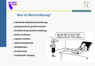 Was ist Wertschätzung?

… individuelle Mitarbeiterorientierung
… wahrgenommen/ gesehen werden
… berufliche & persönliche Entfaltung
… fordern & fördern
… angstfrei arbeiten
… Arbeitszufriedenheit
… Wohlbefinden
… Anerkennung
… respektvoller Umgang
 