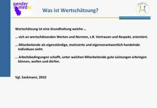 Was ist Wertschätzung?


Wertschätzung ist eine Grundhaltung welche …

… sich an wertschätzenden Werten und Normen, z.B. Vertrauen und Respekt, orientiert.

… Mitarbeitende als eigenständige, motivierte und eigenverantwortlich handelnde
 Individuen sieht.

… Arbeitsbedingungen schafft, unter welchen Mitarbeitende gute Leistungen erbringen
 können, wollen und dürfen.



Vgl. Sackmann, 2010
 