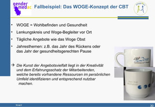 Fallbeispiel: Das WOGE-Konzept der CBT


•   WOGE = Wohlbefinden und Gesundheit
•   Lenkungskreis und Woge-Begleiter vor Ort
•   Tägliche Angebote wie das Woge Obst
•   Jahresthemen: z.B. das Jahr des Rückens oder
    das Jahr der gesundheitsgerechten Pause


 Die Kunst der Angebotsvielfalt liegt in der Kreativität
  und dem Erfahrungsschatz der Mitarbeitenden,
  welche bereits vorhandene Ressourcen im persönlichen
  Umfeld identifizieren und entsprechend nutzbar
   machen.




    MA&T                                                    30
 