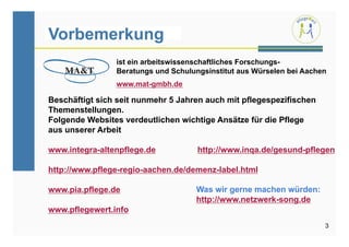 Vorbemerkung
                ist ein arbeitswissenschaftliches Forschungs-
                Beratungs und Schulungsinstitut aus Würselen bei Aachen
                www.mat-gmbh.de

Beschäftigt sich seit nunmehr 5 Jahren auch mit pflegespezifischen
Themenstellungen.
Folgende Websites verdeutlichen wichtige Ansätze für die Pflege
aus unserer Arbeit

www.integra-altenpflege.de           http://www.inqa.de/gesund-pflegen

http://www.pflege-regio-aachen.de/demenz-label.html

www.pia.pflege.de                   Was wir gerne machen würden:
                                    http://www.netzwerk-song.de
www.pflegewert.info
                                                                      3
 
