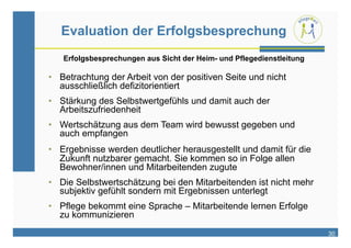 Evaluation der Erfolgsbesprechung
   Erfolgsbesprechungen aus Sicht der Heim- und Pflegedienstleitung

•  Betrachtung der Arbeit von der positiven Seite und nicht
   ausschließlich defizitorientiert
•  Stärkung des Selbstwertgefühls und damit auch der
   Arbeitszufriedenheit
•  Wertschätzung aus dem Team wird bewusst gegeben und
   auch empfangen
•  Ergebnisse werden deutlicher herausgestellt und damit für die
   Zukunft nutzbarer gemacht. Sie kommen so in Folge allen
   Bewohner/innen und Mitarbeitenden zugute
•  Die Selbstwertschätzung bei den Mitarbeitenden ist nicht mehr
   subjektiv gefühlt sondern mit Ergebnissen unterlegt
•  Pflege bekommt eine Sprache – Mitarbeitende lernen Erfolge
   zu kommunizieren
                                                                      30
 