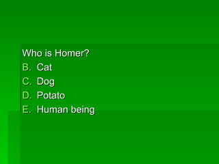 Who is Homer?
B. Cat
C. Dog
D. Potato
E. Human being
 