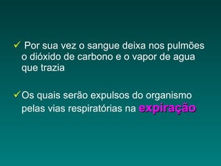 Por sua vez o sangue deixa nos pulmões o dióxido de carbono e o vapor de agua que trazia Os quais serão expulsos do organismo pelas vias respiratórias na  expiração 