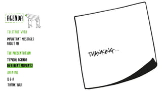 THANKING...
TYPICAL AGENDA
DIFFERENT MOMENTS
AGENDA
TO START WITH
IMPORTANT MESSAGES
ABOUT ME
THE PRESENTATION
Q & A
THANK YOU!
OPEN MIC
 
