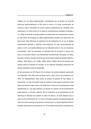 Capítulo 5
101
reflejada por los datos experimentales. Considerando que el tamaño de partícula
disminuyó aproximadamente un 50% entre la menor y la mayor concentración de
proteína y que la viscosidad de la fase continua prácticamente se comporta como
newtoniana y no varió mucho en el rango de concentraciones estudiado (Lizarraga y
col., 2006), la ecuación de Stokes predice una disminución de la velocidad de cremado
en seis veces. Sin embargo, los datos experimentales muestran una disminución de
siete veces. Esta diferencia se explicaría por las limitaciones de la Ley de Stokes
(estrictamente aplicable a sistemas mono-dispersos, de baja concentraciones de
aceite, I= 0,01, y con gotas esféricas que no interactúen entre si). Así, en emulsiones
concentradas, como las estudiadas, la velocidad final de las gotas al cremar será
menor a lo predicho debido a las interacciones hidrodinámicas inter-gotas y al reflujo
de la fase continua, opuesto al movimiento de las gotas durante el cremado (Robins y
Hibberd, 1998; Manoj y col., 1998a, 1998b; Robins, 2000a). De los dos factores que
influyen sobre la velocidad de cremado, en los sistemas estudiados predominan los
efectos retardantes sobre los acelerantes.
En las emulsiones con CS (Figura 2 b) el proceso de cremado presentó visualmente
una separación más nítida entre las fases crema y suero que en las emulsiones con
WPC. Su desplazamiento hacia arriba se produjo en general en tres etapas: (i)
inicialmente, no hubo movimiento (fase de retardo) (ii) pero luego la estructura subió
hasta que alcanzó la fase crema y (iii) finalmente, la crema se fue compactando hasta
transformarse en una capa uniforme y su fracción en volumen se fue incrementando
hasta alcanzar Mm (fracción máxima). Con el incremento de la concentración de CS
disminuyó la velocidad de cremado en todos los casos y, se pudo observar que, a
partir de una concentración de 1,0 % p/p, la emulsión presentó una pequeña etapa de
retardo la cual se prolongó al aumentar la concentración. La mayor estabilidad frente al
cremado observada en las emulsiones con CS se estaría produciendo, probablemente,
 