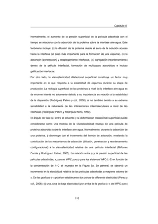 Capítulo 5
110
Normalmente, el aumento de la presión superficial de la película adsorbida con el
tiempo se relaciona con la adsorción de la proteína sobre la interfase aire-agua. Este
fenómeno incluye: (i) la difusión de la proteína desde el seno de la solución acuosa
hacia la interfase (el paso más importante para la formación de una espuma), (ii) la
adsorción (penetración) y desplegamiento interfacial, (iii) agregación (reordenamiento)
dentro de la película interfacial, formación de multicapas adsorbidas e incluso
gelificación interfacial.
Por otro lado, la viscoelasticidad dilatacional superficial constituye un factor muy
importante en lo que respecta a la estabilidad de espumas durante su etapa de
producción. La reología superficial de las proteínas a nivel de la interfase aire-agua es
de enorme interés no solamente debido a su importancia en relación a la estabilidad
de la dispersión (Rodríguez Patino y col., 2008), si no también debido a su extrema
sensibilidad a la naturaleza de las interacciones intermoleculares a nivel de las
interfases (Rodríguez Patino y Rodríguez Niño, 1999).
El ángulo de fase (I) entre el esfuerzo y la deformación dilatacional superficial puede
considerarse como una medida de la viscoelasticidad relativa de una película de
proteína adsorbida sobre la interfase aire-agua. Normalmente, durante la adsorción de
una proteína, I disminuye con el incremento del tiempo de adsorción, revelando la
contribución de los mecanismos de adsorción (difusión, penetración y reordenamiento
configuracional) a la viscoelasticidad relativa de una película interfacial (Miñones
Conde y Rodríguez Patino, 2005). La relación entre I y la presión superficial de las
películas adsorbidas, S para el WPC puro y para los sistemas WPC/OC en función de
la concentración de OC se muestra en la Figura 5a. En general, se observó un
incremento en la elasticidad relativa de las películas adsorbidas a mayores valores de
S. De las graficas IS podrían establecerse dos zonas de diferente elasticidad (Perez y
col., 2008): (i) una zona de baja elasticidad (por arriba de la grafica IS del WPC puro)
 