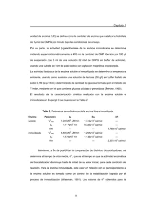 Capítulo 1
9
unidad de enzima (UE) se define como la cantidad de enzima que cataliza la hidrólisis
de 1Pmol de ONPG por minuto bajo las condiciones de ensayo.
Por su parte, la actividad E-galactosidasa de la enzima inmovilizada se determina
midiendo espectrofotométricamente a 405 nm la cantidad de ONP liberado por 100 Pl
de suspensión con 3 ml de una solución 22 mM de ONPG en buffer de actividad,
usando una cubeta de 1cm de paso óptico con agitación magnética incorporada.
La actividad lactásica de la enzima soluble e inmovilizada se determina a temperatura
ambiente, usando como sustrato una solución de lactosa (50 g/l) en buffer fosfato de
sodio 0,1M de pH 6,0 y determinando la cantidad de glucosa formada por el método de
Trinder, mediante un kit que contiene glucosa oxidasa y peroxidasa (Trinder, 1969).
El resultado de la caracterización cinética realizada con la enzima soluble e
inmovilizada en Eupergit C se muestra en la Tabla 2.
Tabla 2. Parámetros termodinámicos de la enzima libre e inmovilizada.
Enzima Parámetro Ai Eai 'H
soluble V0
max 1,240x106
PM/min 1,312x104
cal/mol ---
kd 1,117x106
1/h 9,336x103
cal/mol ---
Km --- --- 1,769x103
cal/mol
inmovilizada V0
max 6,805x105
PM/min 1,291x104
cal/mol ---
kd 1,476x106
1/h 1,133x104
cal/mol ---
Km --- --- 2,337x103
cal/mol
Asimismo, a fin de posibilitar la comparación de distintos biocatalizadores, se
determina el tiempo de vida media, T½
, que es el tiempo en que la actividad enzimática
del biocatalizador disminuye hasta la mitad de su valor inicial, para cada condición de
reacción. Para la enzima inmovilizada, este valor en relación con el correspondiente a
la enzima soluble es tomado como un control de la estabilización lograda por el
proceso de inmovilización (Wiseman, 1991). Los valores de T½
obtenidos para la
 