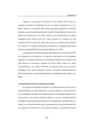 Capítulo 11
229
Respecto a su producción recombinante, se ha obtenido CMP humano no-
glicosilado expresado en Escherichia coli con un elevado rendimiento (Liu y col.,
2008). Además, se ha obtenido CMP humano glicosilado recombinante empleando
levaduras, aunque el grado de glicosilación resultante fue sensiblemente inferior al del
CMP bovino original (Kim y col., 2005). También, se ha experimentado con conejos
transgénicos para producir leche con niveles elevados de N-caseína con bajo
contenido en Phe. En este caso, hasta cuatro de los cinco residuos de Phe pudieron
ser mutados en la proteína recombinante, manteniendo su capacidad para formar
micelas y su digestibilidad hacia la quimosina (Baranyi y col., 2007).
Considerando los diferentes procesos disponibles para la producción del CMP,
y la importancia de su estructura, y en particular la glicosilación, en sus actividades
biológicas, es necesario determinar si la metodología empleada para la obtención del
CMP influye en su estructura y actividad (Li  Mine, 2004a; Lieske y col., 2004;
Thomä-Worringer y col., 2006). Finalmente, es necesario indicar que los procesos
tecnológicos, tales como el tratamiento térmico, y el posterior almacenamiento del
CMP podrían afectar a su grado de glicosilación y/o estabilidad química (Lieske y col.,
2004).
2. Bioactividad del caseinmacropéptido glicosilado.
El contenido en ácido siálico del CMP es muy determinante en cuanto al tipo de
actividad biológica que pueda desarrollar. Los ácidos siálicos son unos derivados de
los monosacáridos, formados como consecuencia de la condensación aldólica entre el
ácido pirúvico y una N-acetil hexosamina (Figura 1). Se han encontrado elevadas
cantidades de este carbohidrato formando parte de gangliósidos y glicoproteínas en el
cerebro y en el sistema nervioso central, contribuyendo al correcto funcionamiento de
los receptores de membrana, de las membranas celulares y al desarrollo normal del
 