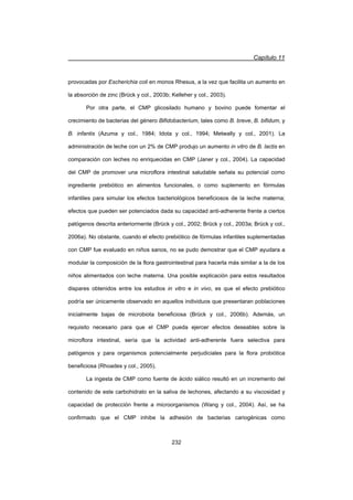 Capítulo 11
232
provocadas por Escherichia coli en monos Rhesus, a la vez que facilita un aumento en
la absorción de zinc (Brück y col., 2003b; Kelleher y col., 2003).
Por otra parte, el CMP glicosilado humano y bovino puede fomentar el
crecimiento de bacterias del género Bifidobacterium, tales como B. breve, B. bifidum, y
B. infantis (Azuma y col., 1984; Idota y col., 1994; Metwally y col., 2001). La
administración de leche con un 2% de CMP produjo un aumento in vitro de B. lactis en
comparación con leches no enriquecidas en CMP (Janer y col., 2004). La capacidad
del CMP de promover una microflora intestinal saludable señala su potencial como
ingrediente prebiótico en alimentos funcionales, o como suplemento en fórmulas
infantiles para simular los efectos bacteriológicos beneficiosos de la leche materna;
efectos que pueden ser potenciados dada su capacidad anti-adherente frente a ciertos
patógenos descrita anteriormente (Brück y col., 2002; Brück y col., 2003a; Brück y col.,
2006a). No obstante, cuando el efecto prebiótico de fórmulas infantiles suplementadas
con CMP fue evaluado en niños sanos, no se pudo demostrar que el CMP ayudara a
modular la composición de la flora gastrointestinal para hacerla más similar a la de los
niños alimentados con leche materna. Una posible explicación para estos resultados
dispares obtenidos entre los estudios in vitro e in vivo, es que el efecto prebiótico
podría ser únicamente observado en aquellos individuos que presentaran poblaciones
inicialmente bajas de microbiota beneficiosa (Brück y col., 2006b). Además, un
requisito necesario para que el CMP pueda ejercer efectos deseables sobre la
microflora intestinal, sería que la actividad anti-adherente fuera selectiva para
patógenos y para organismos potencialmente perjudiciales para la flora probiótica
beneficiosa (Rhoades y col., 2005).
La ingesta de CMP como fuente de ácido siálico resultó en un incremento del
contenido de este carbohidrato en la saliva de lechones, afectando a su viscosidad y
capacidad de protección frente a microorganismos (Wang y col., 2004). Así, se ha
confirmado que el CMP inhibe la adhesión de bacterias cariogénicas como
 
