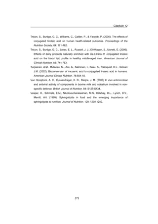 Capítulo 12
273
Tricon, S., Burdge, G. C., Williams, C., Calder, P.,  Yaqoob, P. (2005). The effects of
conjugated linoleic acid on human health-related outcomes. Proceedings of the
Nutrition Society. 64: 171-182.
Tricon, S., Burdge, G. C., Jones, E. L., Russell, J. J., El-Khazen, S., Moretti, E. (2006).
Effects of dairy products naturally enriched with cis-9,trans-11 conjugated linoleic
acid on the blood lipid profile in healthy middle-aged men. American Journal of
Clinical Nutrition. 83: 744-753.
Turpeinen, A.M., Mutanen, M., Aro, A., Salminen, I., Basu, S., Palmquist, D.L., Griinari
J.M. (2002). Bioconversion of vaccenic acid to conjugated linoleic acid in humans.
American Journal Clinical Nutrition. 76:504-10.
Van Hooijdonk, A. C., Kussendrager, K. D., Steijns, J. M. (2000) In vivo antimicrobial
and antiviral activity of components in bovine milk and colostrum involved in non-
specific defence. British Journal of Nutrition. 84: S127-S134.
Vesper, H., Schmelz, E.M., Nikolova-Karakashian, M.N., Dillehay, D.L., Lynch, D.V.,
Merrill, AH. (1999). Sphingolipids in food and the emerging importance of
sphingolipids to nutrition. Journal of Nutrition. 129: 1239-1250.
 