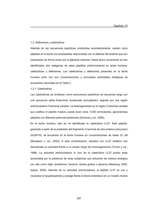 Capítulo 13
287
1.2. Defensinas y catelicidinas
Además de las secuencias peptídicas producidas enzimáticamente, existen otros
péptidos en la leche con propiedades relacionadas con la defensa del lactante que son
expresados de forma activa por la glándula mamaria. Hasta ahora únicamente se han
identificados dos categorías de estos péptidos antimicrobianos en leche humana:
catelicidinas y defensinas. Las catelicidinas y defensinas presentes en la leche
humana junto con sus concentraciones y principales actividades biológicas se
encuentran resumidas en la Tabla 2.
1.2.1. Catelicidinas
Las catelicidinas se sintetizan como precursores peptídicos de secuencia larga con
una secuencia señal N-terminal conservada (pro-péptido), seguida por una región
antimicrobiana C-terminal variable. La heterogeneidad en la región C-terminal variable
que codifica el péptido maduro puede tener entre 12-80 aminoácidos, generándose
péptidos con diferente potencial bactericida (Dommet y col., 2005).
En la leche humana, sólo se ha identificado la catelicidina LL37. Este péptido,
generado a partir de la proteolisis del fragmento C-terminal de otra proteína precursora
(hCAP18), se encuentra en la leche humana en concentraciones de hasta 32 PM
(Murakami y col., 2005). A esta concentración, estudios con LL37 sintético han
demostrado su actividad frente a un amplio rango de microorganismos (Turner y col.,
1998). La actividad antimicrobiana in vivo de la catelicidina LL37 podría estar
aumentada por la presencia de otras sustancias que actuarían de manera sinérgica
con ella como sIgA, lactoferrina, lisozima, ácidos grasos o glicanos (Newburg, 2005;
Isaacs, 2005). Además de su actividad antimicrobiana, el péptido LL37 se une y
neutraliza el lipopolisacárido y protege frente al shock endotóxico en un modelo múrido
 