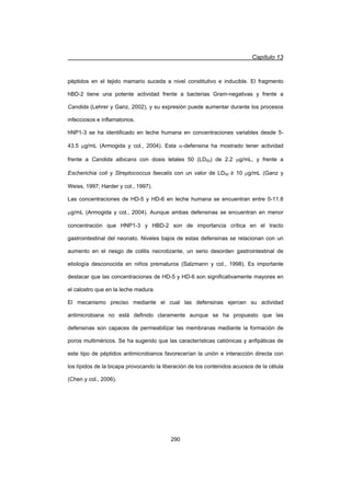 Capítulo 13
290
péptidos en el tejido mamario suceda a nivel constitutivo e inducible. El fragmento
hBD-2 tiene una potente actividad frente a bacterias Gram-negativas y frente a
Candida (Lehrer y Ganz, 2002), y su expresión puede aumentar durante los procesos
infecciosos e inflamatorios.
hNP1-3 se ha identificado en leche humana en concentraciones variables desde 5-
43.5 Pg/mL (Armogida y col., 2004). Esta D-defensina ha mostrado tener actividad
frente a Candida albicans con dosis letales 50 (LD50) de 2.2 Pg/mL, y frente a
Escherichia coli y Streptococcus faecalis con un valor de LD50 • 10 Pg/mL (Ganz y
Weiss, 1997; Harder y col., 1997).
Las concentraciones de HD-5 y HD-6 en leche humana se encuentran entre 0-11.8
Pg/mL (Armogida y col., 2004). Aunque ambas defensinas se encuentran en menor
concentración que HNP1-3 y HBD-2 son de importancia crítica en el tracto
gastrointestinal del neonato. Niveles bajos de estas defensinas se relacionan con un
aumento en el riesgo de colitis necrotizante, un serio desorden gastrointestinal de
etiología desconocida en niños prematuros (Salzmann y col., 1998). Es importante
destacar que las concentraciones de HD-5 y HD-6 son significativamente mayores en
el calostro que en la leche madura.
El mecanismo preciso mediante el cual las defensinas ejercen su actividad
antimicrobiana no está definido claramente aunque se ha propuesto que las
defensinas son capaces de permeabilizar las membranas mediante la formación de
poros multiméricos. Se ha sugerido que las características catiónicas y anfipáticas de
este tipo de péptidos antimicrobianos favorecerían la unión e interacción directa con
los lípidos de la bicapa provocando la liberación de los contenidos acuosos de la célula
(Chen y col., 2006).
 