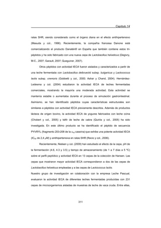 Capítulo 14
311
ratas SHR, siendo considerado como el órgano diana en el efecto antihipertensivo
(Masuda y col., 1996). Recientemente, la compañía francesa Danone está
comercializando el producto Danatén® en España que también contiene estos tri-
péptidos y ha sido fabricado con una nueva cepa de Lactobacillus helveticus (Degivry,
M-C., 2007; Garault, 2007; Queguiner, 2007).
Otros péptidos con actividad IECA fueron aislados y caracterizados a partir de
una leche fermentada con Lactobacillus delbrueckii subsp. bulgaricus y Lactococcus
lactis subsp. cremoris (Gobbetti y col., 2000; Ashar y Chand, 2004). Hernández-
Ledesma y col. (2004) estudiaron la actividad IECA de leches fermentadas
comerciales, mostrando la mayoría una moderada actividad. Esta actividad se
mantenía estable o aumentaba durante el proceso de simulación gastrointestinal.
Asimismo, se han identificado péptidos cuyas características estructurales son
similares a péptidos con actividad IECA previamente descritos. Además de productos
lácteos de origen bovino, la actividad IECA de yogures fabricados con leche ovina
(Chobert y col., 2005) y kéfir de leche de cabra (Quirós y col., 2005) ha sido
investigada. En este último producto se ha identificado el péptido de secuencia
PYVRYL (fragmento 203-208 de la Ds2 caseína) que exhibe una potente actividad IECA
(IC50 de 2,4 PM) y antihipertensiva en ratas SHR (Recio y col., 2006).
Recientemente, Nielsen y col. (2009) han estudiado el efecto de la cepa, pH de
la fermentación (4.6, 4.3 y 3.5) y tiempo de almacenamiento (de 1 a 7 días a 5 ºC)
sobre el perfil peptídico y actividad IECA en 13 cepas de la colección de Hansen. Las
cepas que mostraron mayor actividad IECA correspondieron a dos de las cepas de
Lactobacillus helveticus empleadas y a las cepas de Lactococcus lactis.
Nuestro grupo de investigación en colaboración con la empresa Leche Pascual,
evaluaron la actividad IECA de diferentes leches fermentadas producidas con 231
cepas de microorganismos aisladas de muestras de leche de vaca cruda. Entre ellas,
 