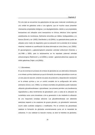 Capítulo 2
26
Por otro lado se encuentran los galactósidos de bajo peso molecular constituidos por
una unidad de galactosa unida a una aglicona, que en muchos casos presentan
interesantes propiedades biológicas. Los alquilgalactósidos, debido a sus propiedades
tensoactivas son utilizados como tensoactivos no iónicos, efectivos como agentes
solubilizantes de membranas, fácilmente removibles por diálisis, biodegradables y no
tóxicos (Ducret y col. (2002); Das-Bradoo y col.(2004)). La galactosil-xilosa puede ser
utilizada como medio de diagnóstico para la evaluación de la actividad de la lactasa
intestinal, mediante la cuantificación de xilosa eliminada en orina (Hara y col.( 2000)).
El glucosil-glicerol y galactosil-glicerol presentan actividad antitumoral (Colombo y
col.(1996 y 2000), para la lactulosamina se ha reportado potencial actividad
anticancerígena (Rabinovich y col.(2006)) y existen galactosil-aldoximas capaces de
inhibir galectinas (Tejler y col.(2005)).
1.1. Glicosidasas
El uso de enzimas en procesos de síntesis de glicósidos es una alternativa interesante
a la síntesis química tradicional ya que la formación de enlaces glicosídicos ocurre en
un solo paso de reacción, evitando los pasos de protección y desprotección necesarios
en la síntesis química y con un control completo de la configuración del centro
anómerico (Crout y col. (1990)). La síntesis enzimática de glicósidos puede realizarse
utilizando glicosiltransferasas o glicosidasas. Las primeras permiten una transferencia
regioselectiva y altos rendimientos de glicosilación, pero a costa de la utilización de
nucleótidos caros como donadores o de su generación in situ mediante la utilización
de una maquinaria compleja adicional. Las glicosiltransferasas son altamente
selectivas respecto a los aceptores de grupos glicosilo y la glicosilación raramente
ocurre sobre sustratos exógenos o modificados. Por el contrario las glicosidasas
catalizan la formación de glicósidos anoméricamente puros sin la necesidad de
cofactores. In vivo catalizan la reacción inversa, es decir la hidrólisis de glicósidos,
 