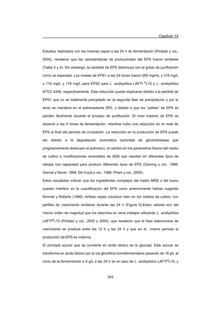 Capítulo 15
343
Estudios realizados con las mismas cepas a las 24 h de fermentación (Pintado y col.,
2005), revelaron que las características de productividad del EPS fueron similares
(Tabla 3 y 4). Sin embargo, la cantidad de EPS disminuyó con el grado de purificación
como se esperaba. Los niveles de EPS1 a las 24 horas fueron 265 mg/mL y 316 mg/L
y 116 mg/L y 118 mg/L para EPS2 para L. acidophilus LAFTI ®
L10 y L. acidophilus
ATCC 4356, respectivamente. Esta reducción puede explicarse debido a la pérdida de
EPS1 que no es totalmente precipitado en la segunda fase de precipitación y por lo
tanto se mantiene en el sobrenadante SP2, o debido a que los “pellets” de EPS se
pierden fácilmente durante el proceso de purificación. El nivel máximo de EPS se
observó a las 6 horas de fermentación, mientras hubo una reducción en el nivel de
EPS al final del período de incubación. La reducción en la producción de EPS puede
ser debido a la degradación enzimática (actividad de glicohidrolasas que
progresivamente destruyen el polímero), el cambio en los parámetros físicos del medio
de cultivo o modificaciones reversibles de ADN que resultan en diferentes tipos de
células con capacidad para producir diferentes tipos de EPS (Cerning y col., 1988;
Gancel y Novel, 1994; De Vuyst y col., 1998; Pham y col., 2000).
Estos resultados indican que los ingredientes complejos del medio MRS o del suero
pueden interferir en la cuantificación del EPS como anteriormente habían sugerido
Kimmel y Roberts (1998). Ambas cepas crecieron bien en los medios de cultivo, con
perfiles de crecimiento similares durante las 24 h (Figura 5).Estos valores son del
mismo orden de magnitud que los descritos en otros trabajos utilizando L. acidophilus
LAFTI®
L10 (Pintado y col., 2003 y 2004), que revelaron que la fase estacionaria de
crecimiento se produce entre las 12 h y las 24 h y que en el mismo período la
producción de EPS es máxima.
El principal azúcar que se convierte en ácido láctico es la glucosa. Este azúcar se
transforma en ácido láctico por la via glicolítica homofermentativa pasando de 18 g/L al
inicio de la fermentación a 6 g/L a las 24 h en el caso de L. acidophilus LAFTI®
L10, y
 