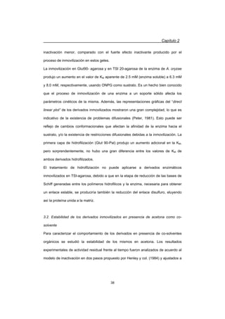 Capítulo 2
38
inactivación menor, comparado con el fuerte efecto inactivante producido por el
proceso de inmovilización en estos geles.
La inmovilización en Glut90- agarosa y en TSI 20-agarosa de la enzima de A. oryzae
produjo un aumento en el valor de KM aparente de 2.5 mM (enzima soluble) a 6.3 mM
y 8.0 mM, respectivamente, usando ONPG como sustrato. Es un hecho bien conocido
que el proceso de inmovilización de una enzima a un soporte sólido afecta los
parámetros cinéticos de la misma. Además, las representaciones gráficas del “direct
linear plot” de los derivados inmovilizados mostraron una gran complejidad, lo que es
indicativo de la existencia de problemas difusionales (Peter, 1981). Esto puede ser
reflejo de cambios conformacionales que afectan la afinidad de la enzima hacia el
sustrato, y/o la existencia de restricciones difusionales debidas a la inmovilización. La
primera capa de hidrofilización (Glut 90-Pal) produjo un aumento adicional en la KM,
pero sorprendentemente, no hubo una gran diferencia entre los valores de KM de
ambos derivados hidrofilizados.
El tratamiento de hidrofilziación no puede aplicarse a derivados enzimáticos
inmovilizados en TSI-agarosa, debido a que en la etapa de reducción de las bases de
Schiff generadas entre los polímeros hidrofilicos y la enzima, necesaria para obtener
un enlace estable, se produciría también la reducción del enlace disulfuro, eluyendo
así la proteína unida a la matriz.
3.2. Estabilidad de los derivados inmovilizados en presencia de acetona como co-
solvente
Para caracterizar el comportamiento de los derivados en presencia de co-solventes
orgánicos se estudió la estabilidad de los mismos en acetona. Los resultados
experimentales de actividad residual frente al tiempo fueron analizados de acuerdo al
modelo de inactivación en dos pasos propuesto por Henley y col. (1984) y ajustados a
 