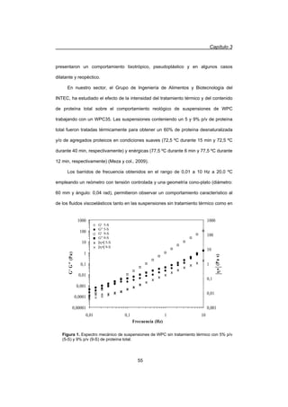 Capítulo 3
55
presentaron un comportamiento tixotrópico, pseudoplástico y en algunos casos
dilatante y reopéctico.
En nuestro sector, el Grupo de Ingeniería de Alimentos y Biotecnología del
INTEC, ha estudiado el efecto de la intensidad del tratamiento térmico y del contenido
de proteína total sobre el comportamiento reológico de suspensiones de WPC
trabajando con un WPC35. Las suspensiones conteniendo un 5 y 9% p/v de proteína
total fueron tratadas térmicamente para obtener un 60% de proteína desnaturalizada
y/o de agregados proteicos en condiciones suaves (72,5 ºC durante 15 min y 72,5 ºC
durante 40 min, respectivamente) y enérgicas (77,5 ºC durante 6 min y 77,5 ºC durante
12 min, respectivamente) (Meza y col., 2009).
Los barridos de frecuencia obtenidos en el rango de 0,01 a 10 Hz a 20,0 ºC
empleando un reómetro con tensión controlada y una geometría cono-plato (diámetro:
60 mm y ángulo: 0,04 rad), permitieron observar un comportamiento característico al
de los fluidos viscoelásticos tanto en las suspensiones sin tratamiento térmico como en
0,00001
0,0001
0,001
0,01
0,1
1
10
100
1000
0,01 0,1 1 10
Frecuencia (Hz)
G'G(Pa)
0,001
0,01
0,1
1
10
100
1000
K
(Pas)
G' 5-S
G 5-S
G' 9-S
G 9-S
n* 9-S
n* 5-S
G' 5-S
G 5-S
G' 9-S
G 9-S
|K
| 5-S
|K
| 9-S
Figura 1. Espectro mecánico de suspensiones de WPC sin tratamiento térmico con 5% p/v
(5-S) y 9% p/v (9-S) de proteína total.
 