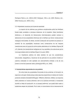 Capítulo 4
79
Rodríguez Patino y col., 2003  2007; Rodríguez Niño y col., 2005; Álvarez y col.,
2006; Pizones y col., 2007a, b  c).
2.3. Propiedades mecánicas de la película adsorbida.
La mayoría de los sistemas que contienen emulsionantes sobre las interfases
fluidas están sometidos a procesos dinámicos, de no equilibrio. Estos fenómenos
dinámicos y el desarrollo de interacciones intermoleculares pueden conducir a
alteraciones de las propiedades dinámicas de la interfase que tienen consecuencias
reológicas mensurables. En efecto, durante la adsorción de la proteína se produce un
aumento de las propiedades mecánicas como consecuencia de las mayores
interacciones entre los grupos de amino-ácidos adsorbidos en la interfase (Figuras 2B
y C). Además, las características reológicas son muy sensibles a las estructuras que la
monocapa adopta sobre la interfase (Figura 4) (Lucero, 2005).
La importancia práctica de estos estudios es que las características
estructurales, topográficas y mecánicas de las películas de una proteína modelo (E-
caseína) analizadas en este apartado son esencialmente similares a las de una
proteína comercial (caseinato sódico) (Rodríguez Niño y col., 2005).
3. Características espumantes de una proteína.
De entre todas las propiedades funcionales de las proteínas, la formación de
espumas es de gran interés porque estas espumas proporcionan la textura de muchos
productos aireados (Campbell  Mougeot, 1999a  b; Dickinson, 2003a). Las espumas
están presentes en muchos alimentos, bien en el producto terminado o incorporada
durante su etapa de producción, en un proceso preliminar, que puede estar sujeto a
posteriores etapas de procesado. Por lo tanto, el conocimiento de los mecanismos de
 