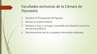 Facultades exclusivas de la Cámara de
Diputados
1. Aprobar el Presupuesto de Egresos.
2. Revisar la Cuenta Pública
3. Declarar si hay o no lugar a proceder penalmente contra los
servidores públicos.
4. Nombramiento de los consejeros electorales federales
 
