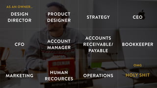 AS AN OWNER…
DESIGN
DIRECTOR
PRODUCT
DESIGNER
STRATEGY CEO
CFO
ACCOUNT
MANAGER
ACCOUNTS
RECEIVABLE/
PAYABLE
BOOKKEEPER
MARKETING
HUMAN
RECOURCES
OPERATIONS
OMG
HOLY SHIT
 