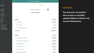 REPORTS
You and your accountant
have access to monthly
updated Balance Sheets and
Income Statements.
 