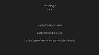 Prototype
DAY 4
Be ridiculously productive
Build a realistic prototype
Gather a team of experts and set your plan in motion
 
