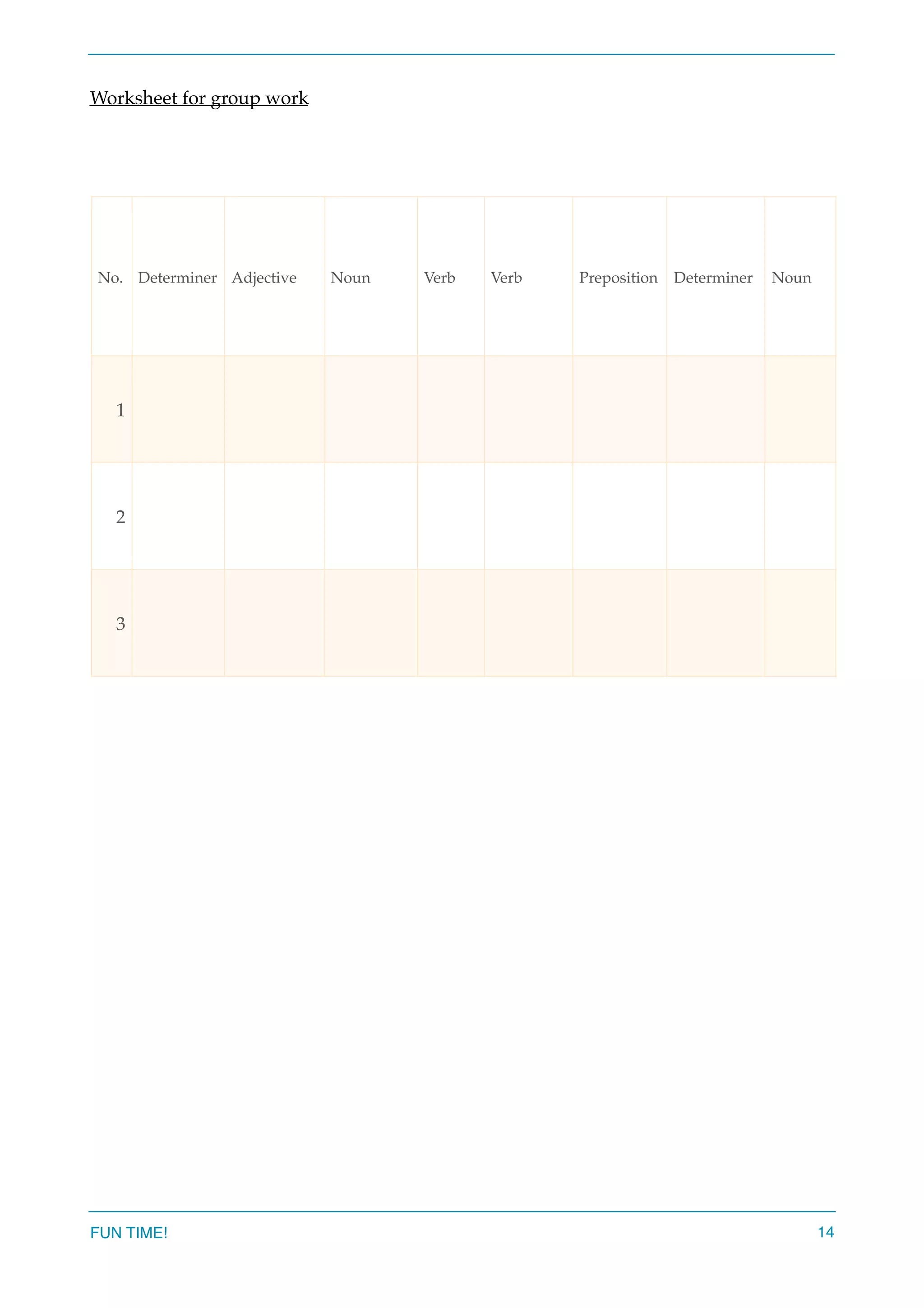 Worksheet for group work 
FUN TIME! 14
No. Determiner Adjective Noun Verb Verb Preposition Determiner Noun
1
2
3
 